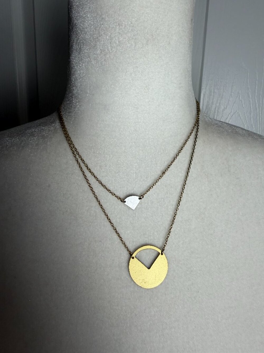 Vintage Mod Missing Piece Cut Out Layered Gold & Silver Tone Necklace Pendant